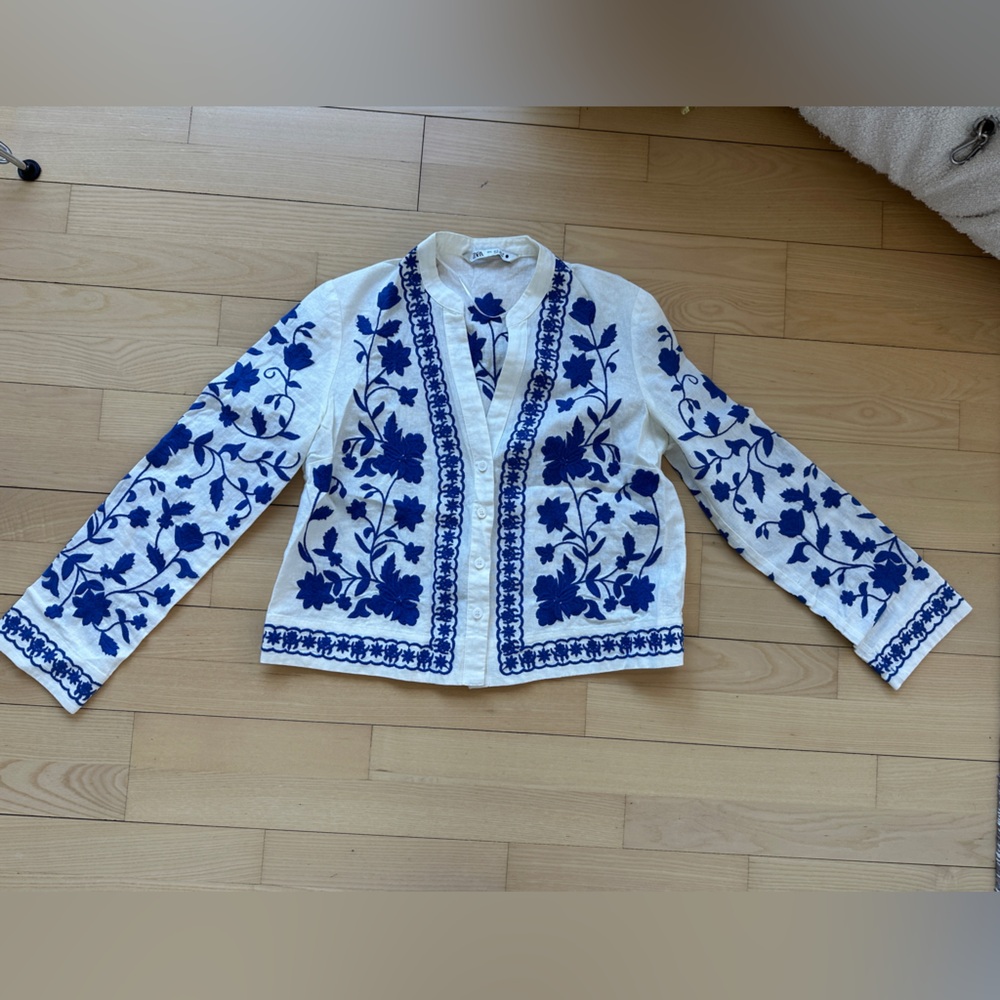 White Cardigan with Blue Floral Embroidery